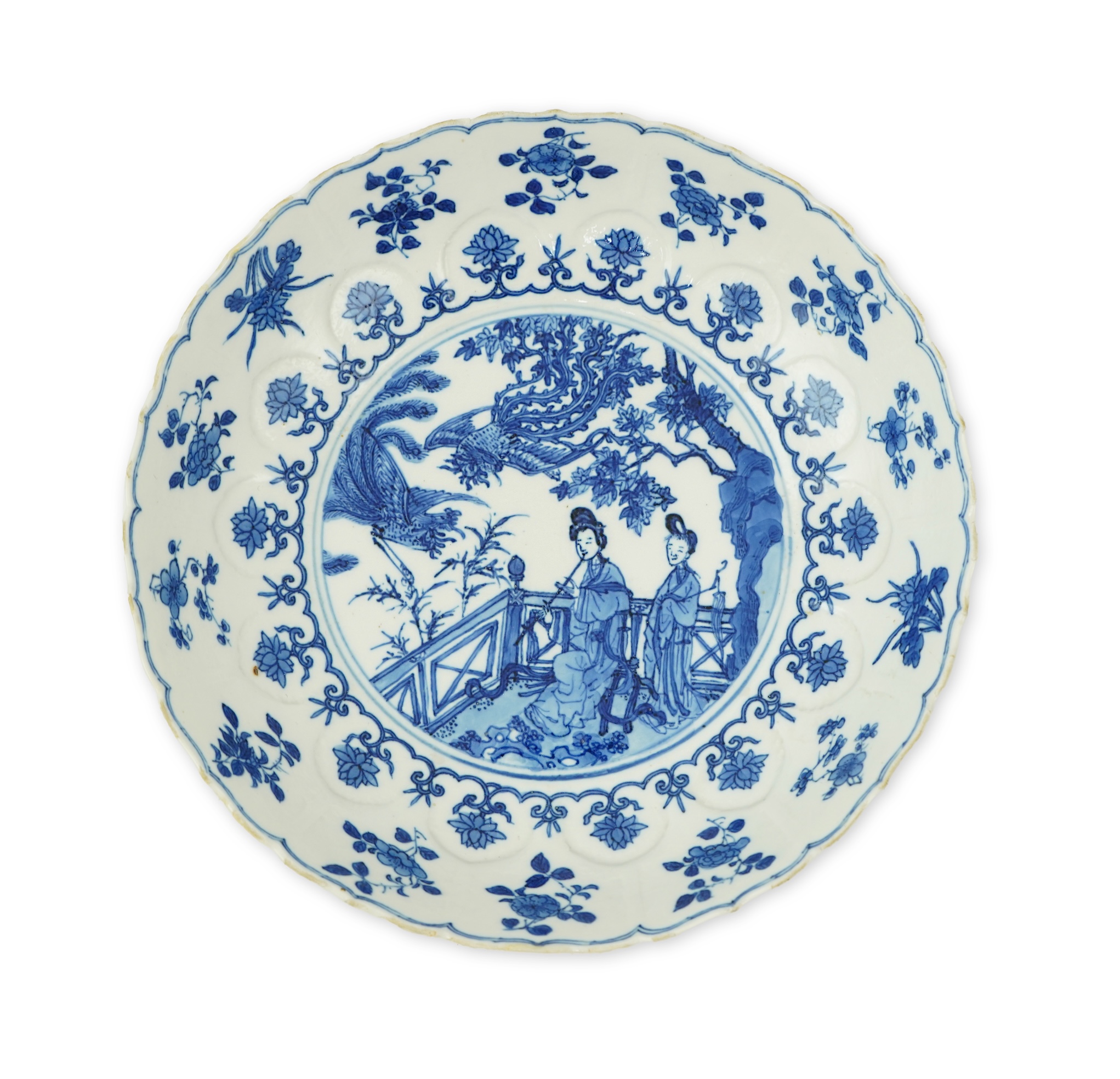 A Chinese blue and white ‘ladies and phoenix’ dish, Kangxi period